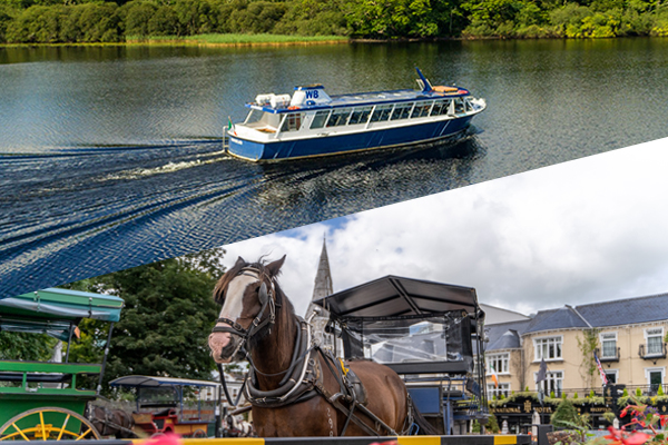 Tour boat on Killarney Lake and horse-drawn carriage in town street, highlighting scenic tours and attractions.