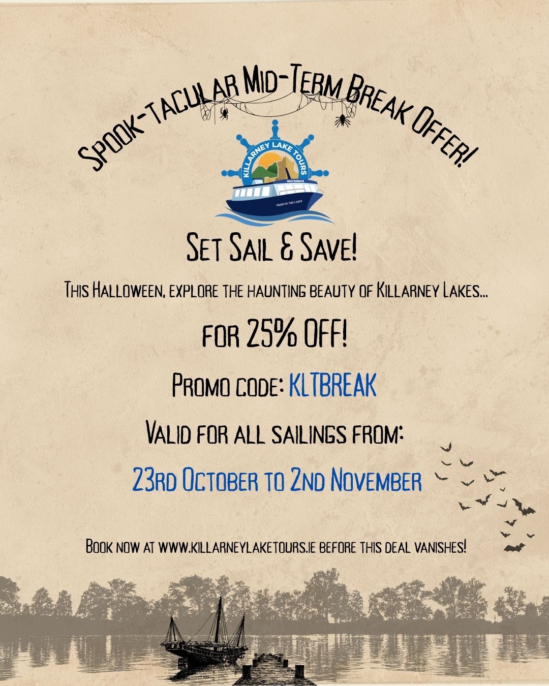 KLTBREAK promocode for 25 % off Killarney Lake tours boat tour