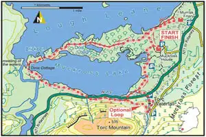 Map of Muckross Lake, showing walking trail, Torc Mountain, and scenic points around Killarney National Park.